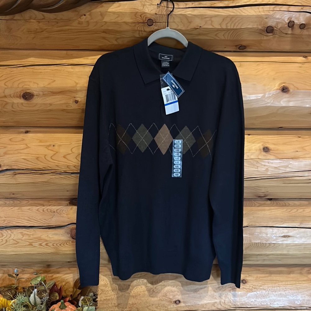 Dockers NWT Men’s Argyle Polo Sweater Size X-Large in Charcoal Black Combo